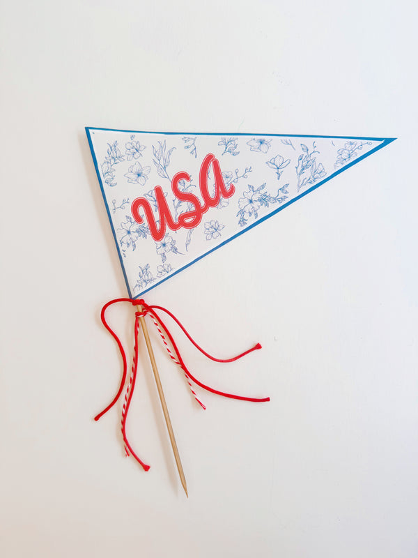 4th of July Pennant & Napkin Rings – Coquette Blue Floral Toile de Jouy with Vintage Red Lettering
