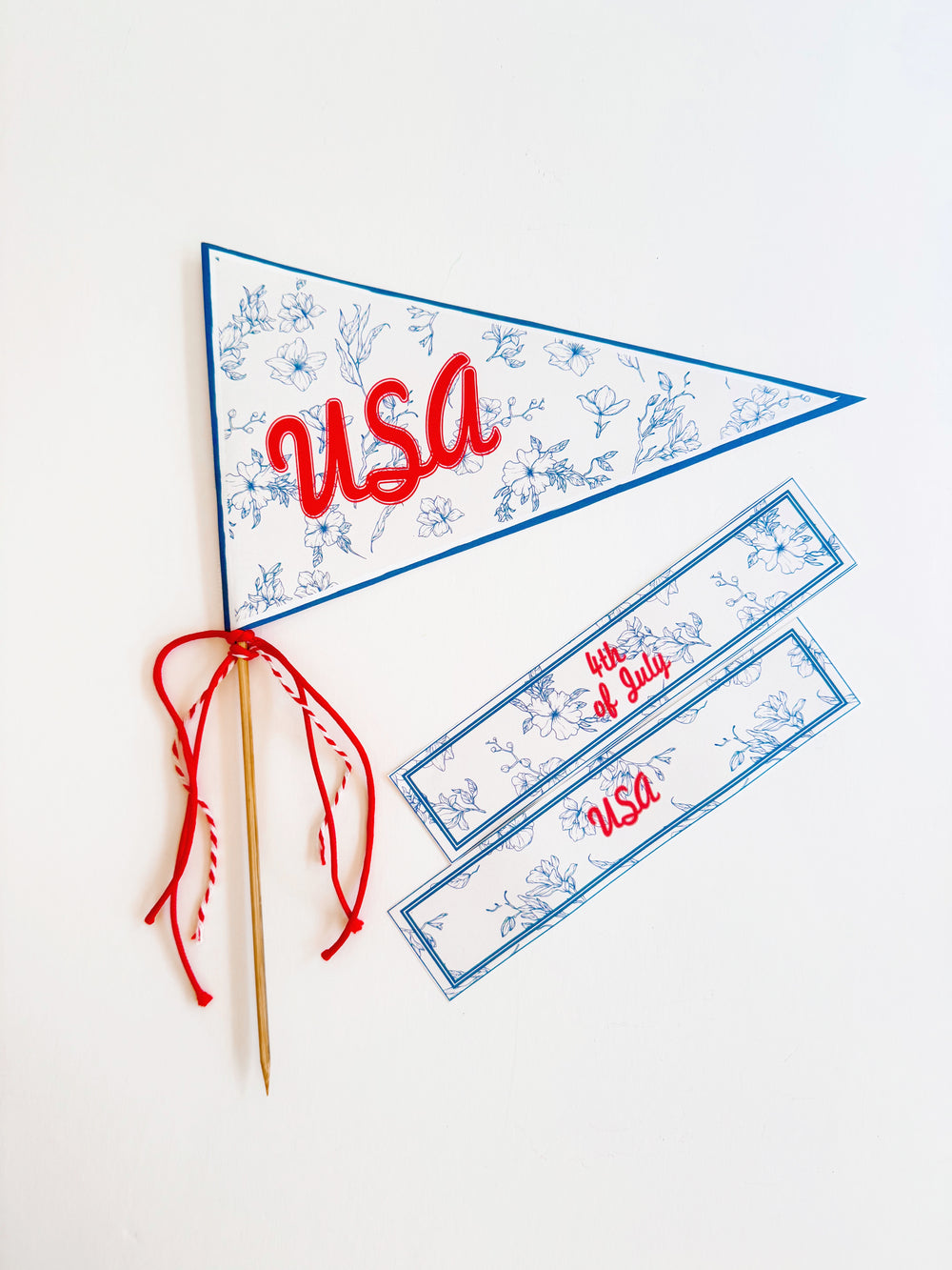4th of July Pennant & Napkin Rings – Coquette Blue Floral Toile de Jouy with Vintage Red Lettering