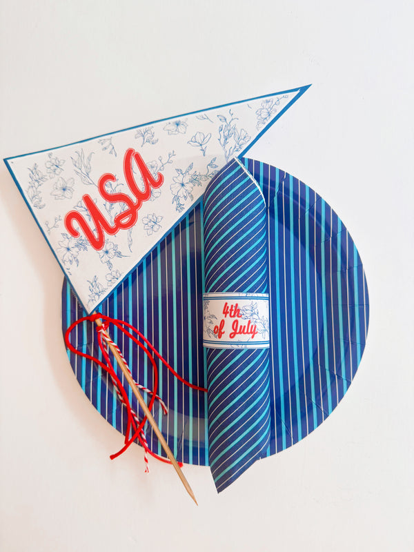 4th of July Pennant & Napkin Rings – Coquette Blue Floral Toile de Jouy with Vintage Red Lettering