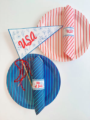 4th of July Pennant & Napkin Rings – Coquette Blue Floral Toile de Jouy with Vintage Red Lettering