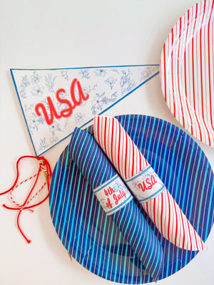 4th of July Pennant & Napkin Rings – Coquette Blue Floral Toile de Jouy with Vintage Red Lettering