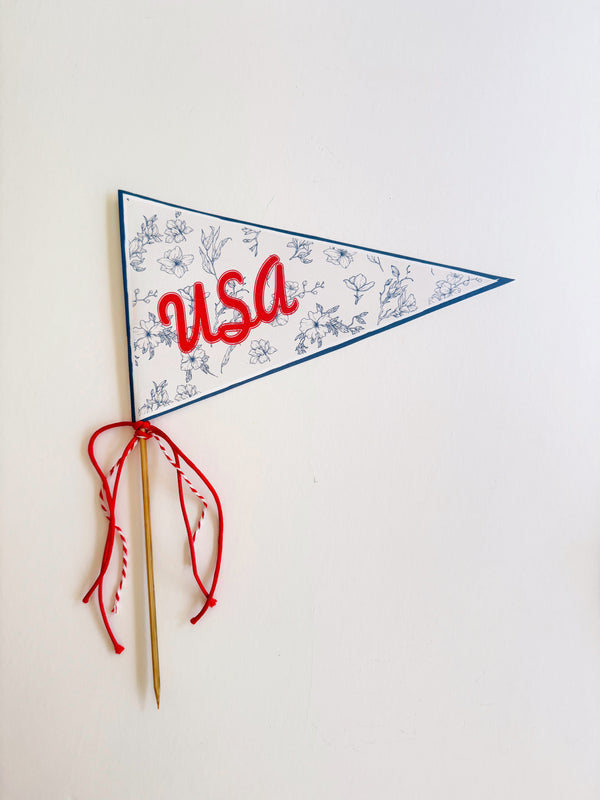 4th of July Pennant & Napkin Rings – Coquette Blue Floral Toile de Jouy with Vintage Red Lettering