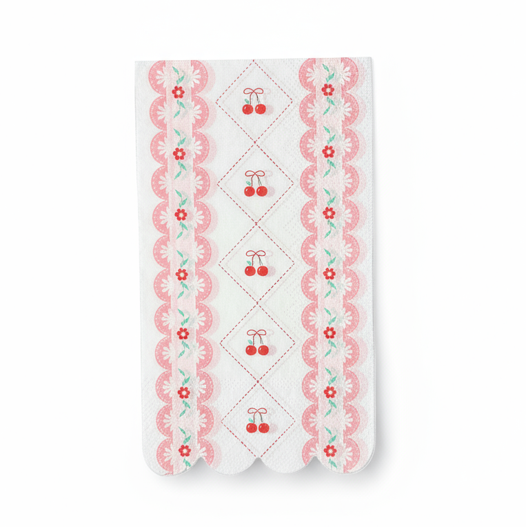 Cherry scalloped luncheon napkins with floral accents – 13x15.75 in, pack of 16