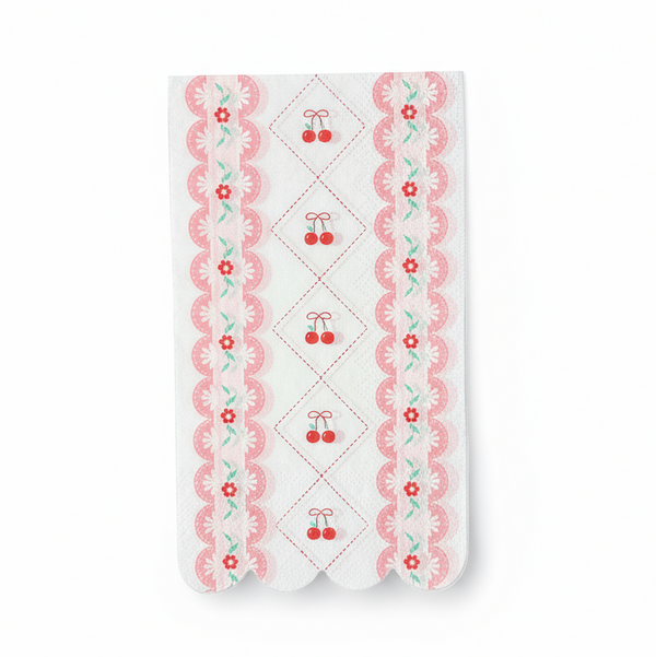 Cherry scalloped luncheon napkins with floral accents – 13x15.75 in, pack of 16