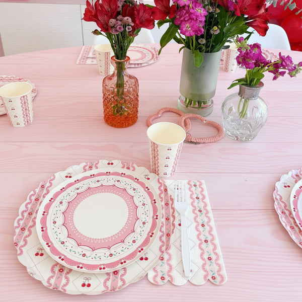 Large disposable cherry napkins cups plates for baby showers, bridal showers, and garden parties