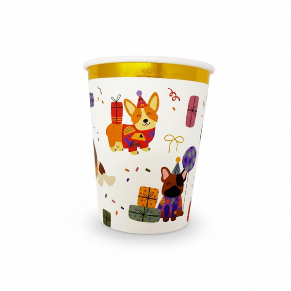 Coquette style paper cups with cute dogs, gold bows, and gold trim – 9oz pack of 8