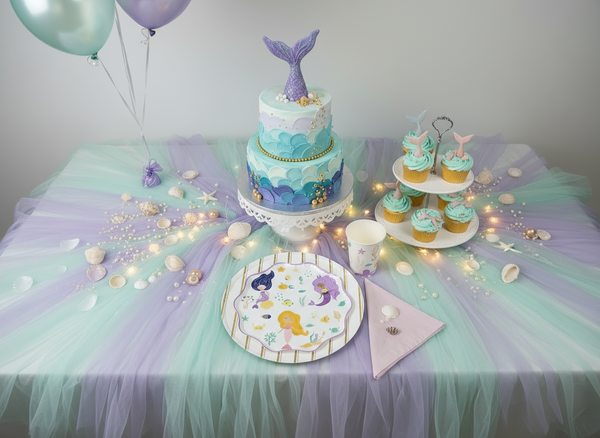 Whimsical mermaid plates for kids parties featuring sea creatures and coral