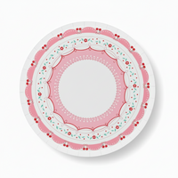 Pink vintage cherry paper plates with scalloped edges and floral details – 8 inch
