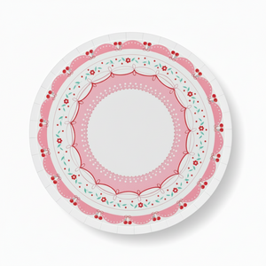 Pink vintage cherry paper plates with scalloped edges and floral details – 8 inch