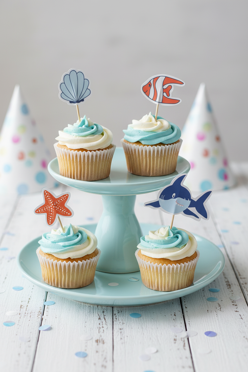 Four paper party cupcake toppers shaped like a blue shark, orange starfish, orange and white clownfish, and a light blue seashell, each mounted on a wooden toothpick against a plain beige background.