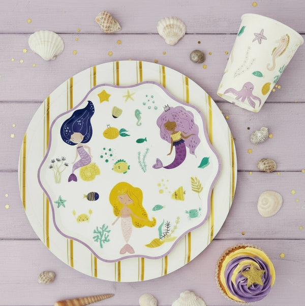 Mermaid party plates featuring three illustrated mermaids with coral, shells, and fish