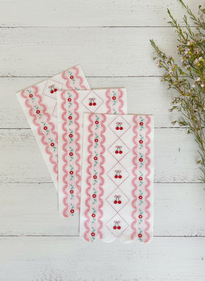 Vintage cherry and floral napkins with scalloped edges for birthdays and tea parties