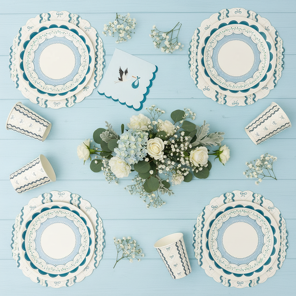 CHERRYSH Baby Shower party supplies arranged as a delicate table setting for four with soft pink and blue tones, elegant plates, and floral accents