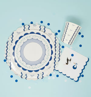 blue coquette bow luncheon napkins plates cup with scalloped trim and floral motifs