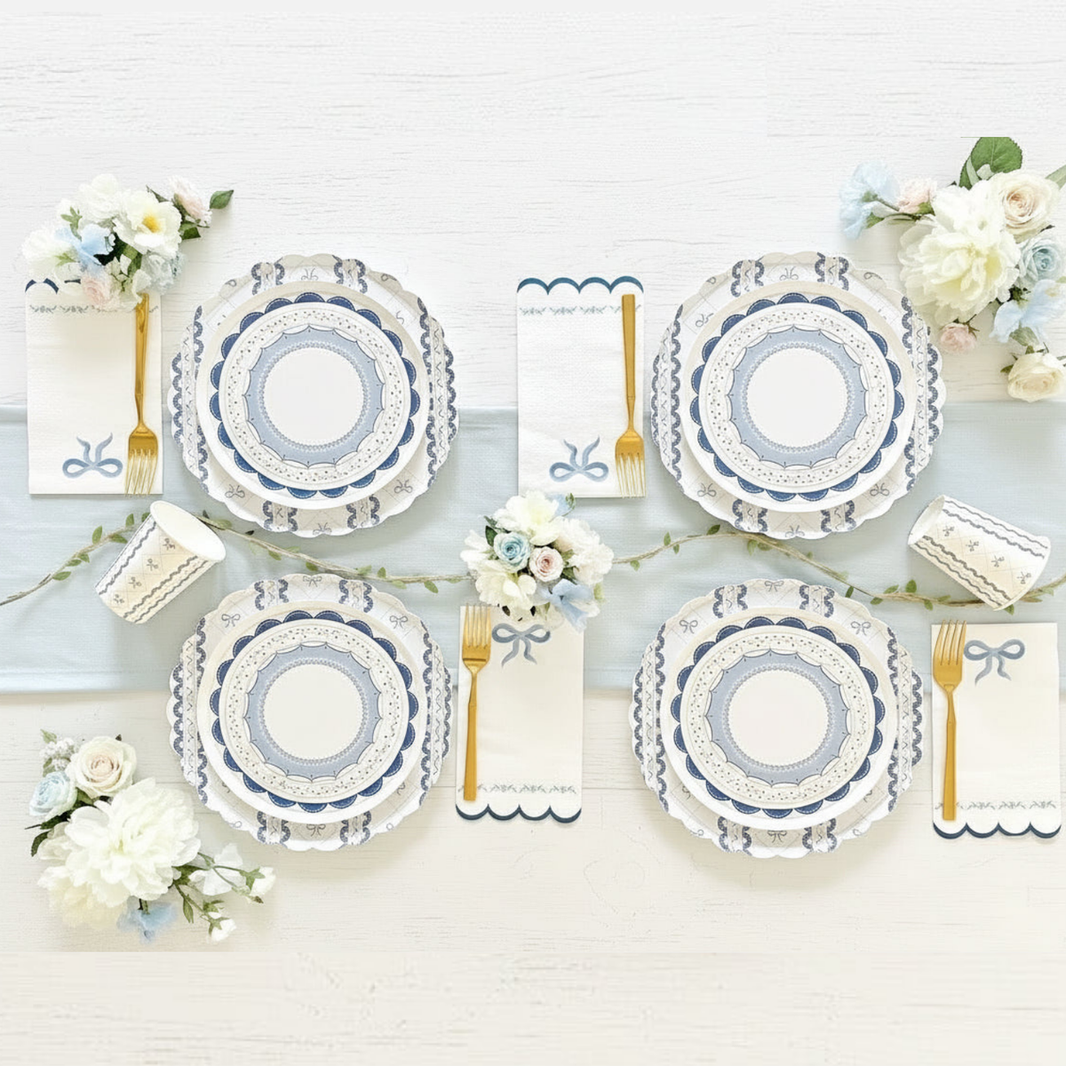 Birthday party table setting ideas with premium blue party supplies from CHERRYSH — scalloped plates, bow napkins, gold cutlery, and fresh flowers