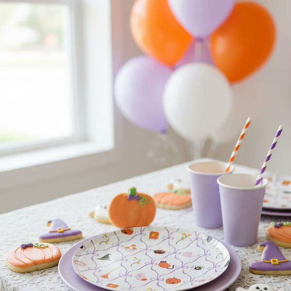 Round decorative item with Halloween-themed illustrations on a white background