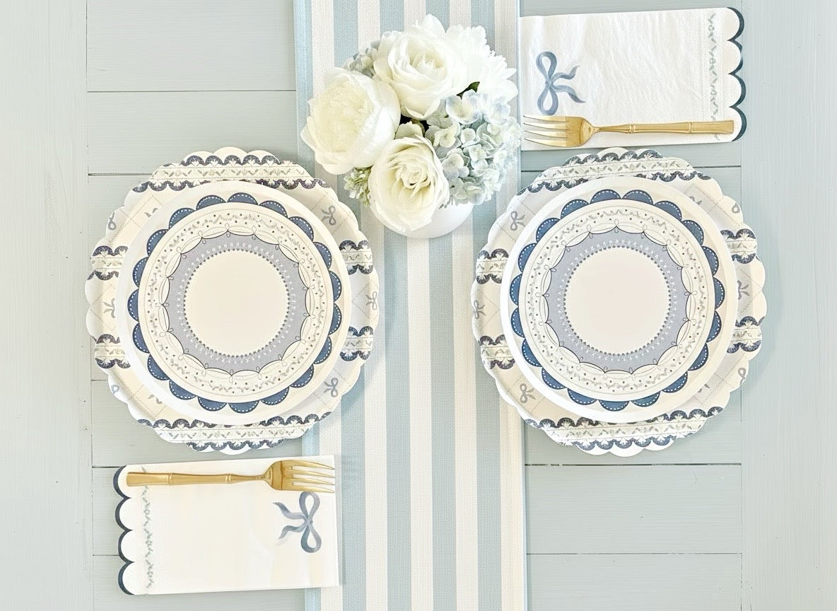 How to set a beautiful birthday party table with coordinated party supplies — CHERRYSH Coquette Blue plates and napkins with gold cutlery