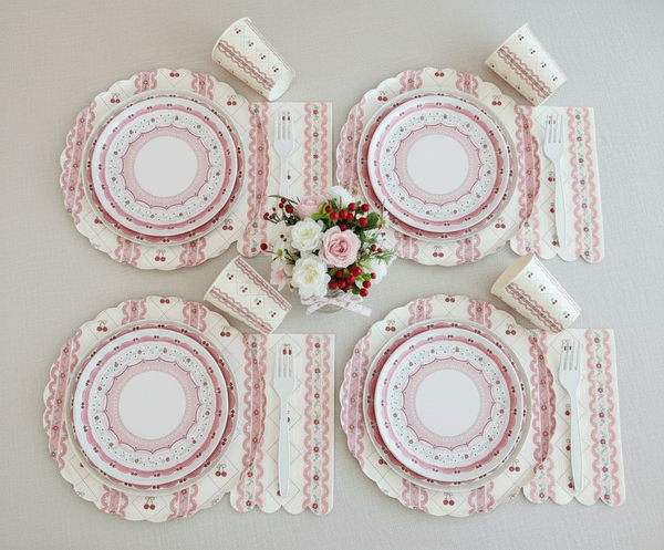 Cherry scalloped paper plates – pink floral 10-inch party plates