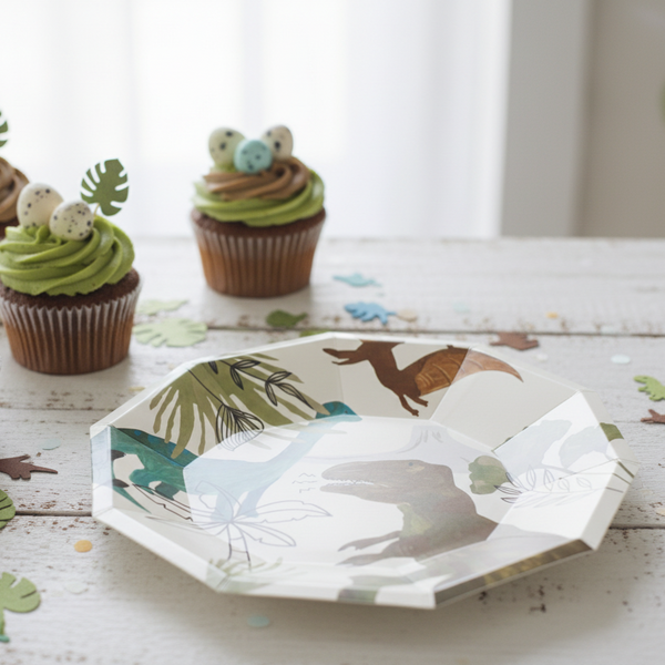 Dinosaur paper plates styled with cupcakes and toppers for dino birthday – Cherrysh Party