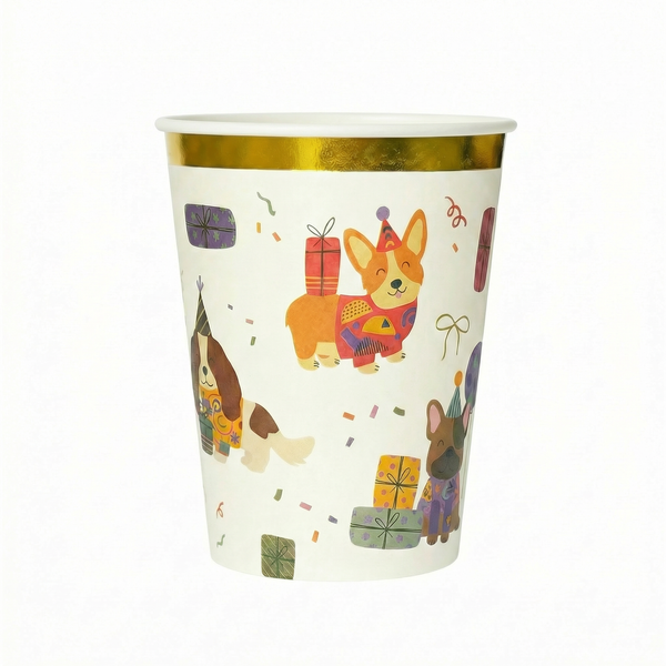 Dog party paper cups 9oz with coquette puppy design and golden foil accents – Cherrysh Party
