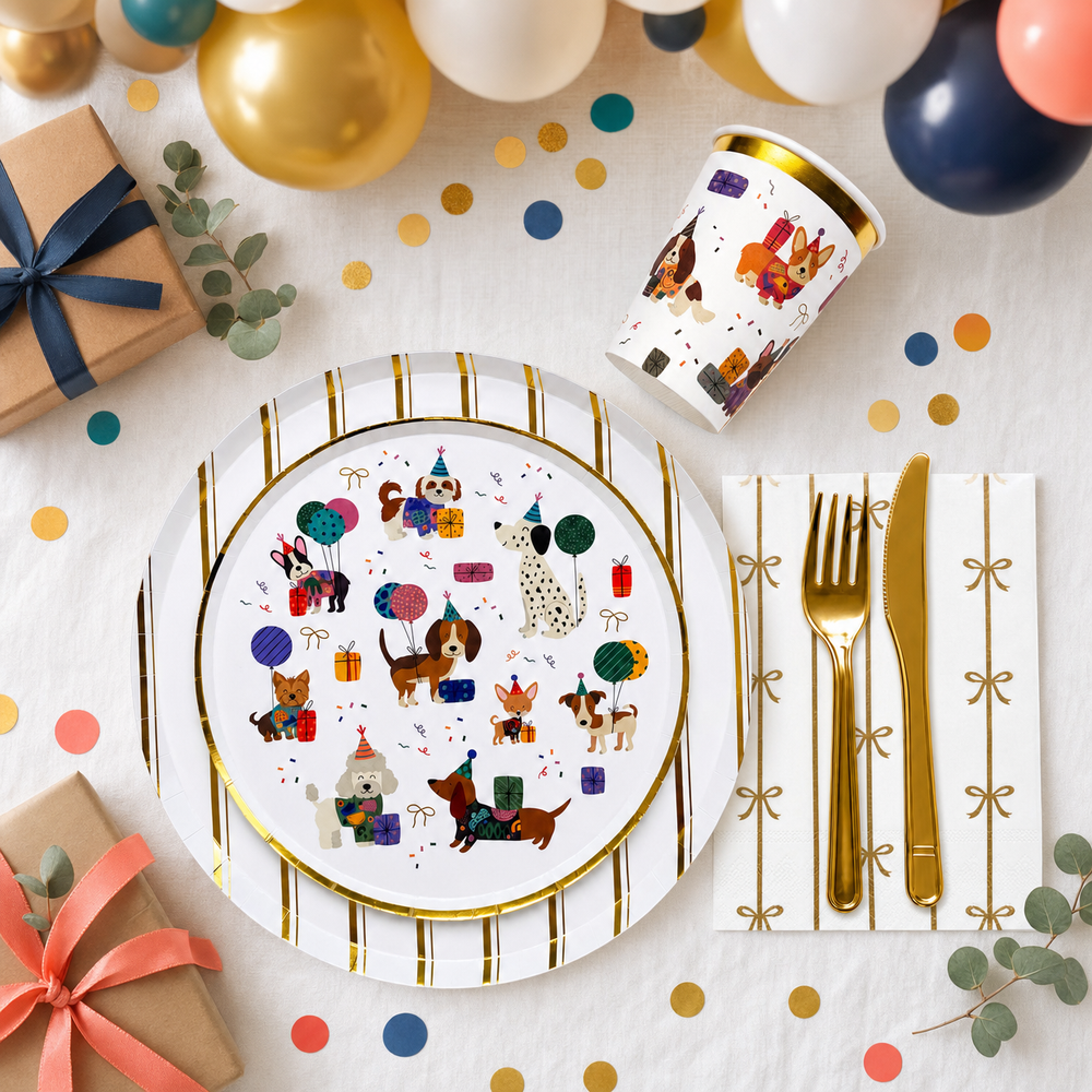 Dog coquette birthday party lifestyle setup with plates cups and gold accents – Cherrysh Party