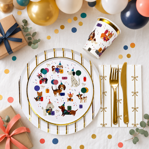 Dog coquette birthday party lifestyle setup with plates cups and gold accents – Cherrysh Party