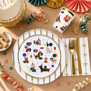Dog coquette birthday party lifestyle setup angle view with gold themed tableware – Cherrysh Party