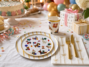 Dog coquette birthday party supplies styled in gold and cream tones – Cherrysh Party