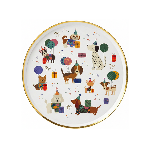 Dog coquette party plate with playful puppy and golden bow design – Cherrysh Party