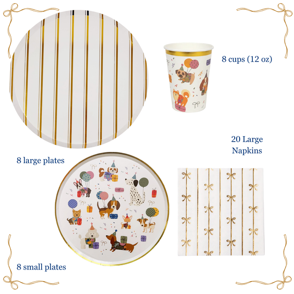 Dog birthday party supplies box with plates cups napkins and toppers – Cherrysh Party