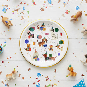 8-inch dog birthday paper plate with puppies, balloons, and confetti desig