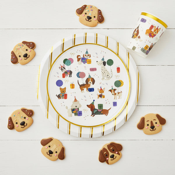 Kids puppy party supplies – blue, pink, and gold dog party plates