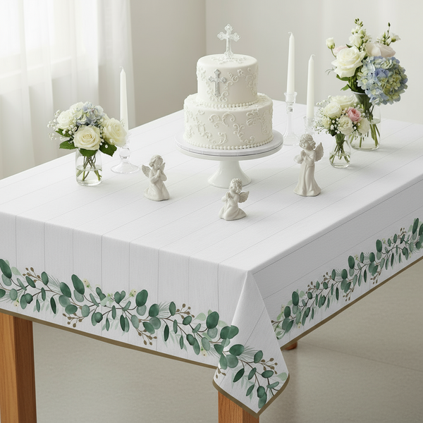 Eucalyptus Paper Tablecloth: Green Foliage & Gold - Disposable Table Cover for Birthday Baptism First Communion