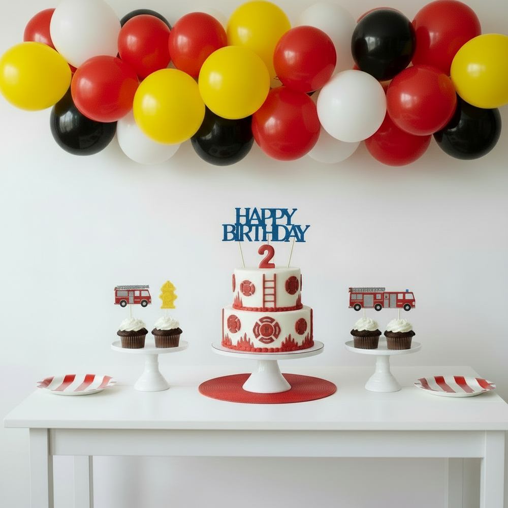 firetruck balloon garland kit with red yellow white and black balloons