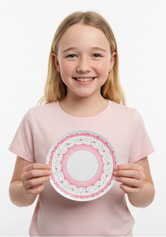 A young girl smiling while holding a CHERRYSH Collectable Melamine Plate with the cherry design — a keepsake tradition that grows with each celebration