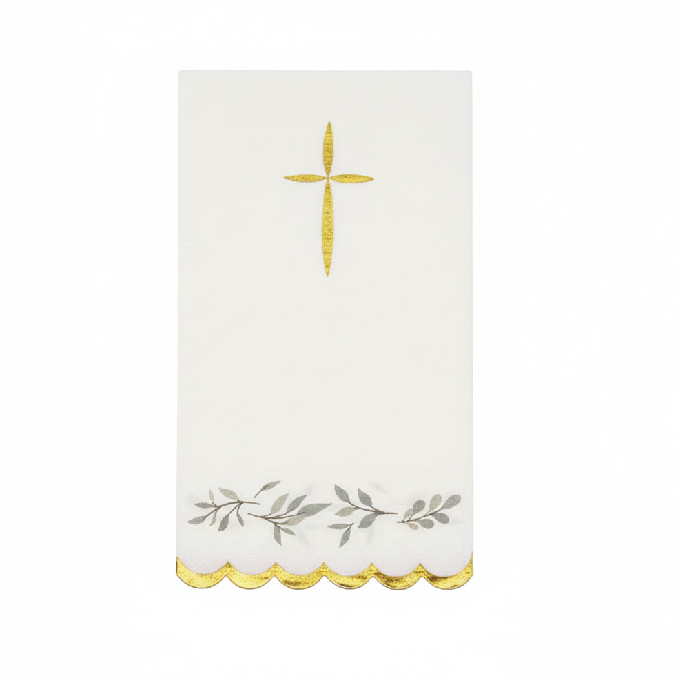 Gold foil cross and eucalyptus foliage luncheon napkin, elegant disposable napkin for baptism, first communion, and religious celebrations