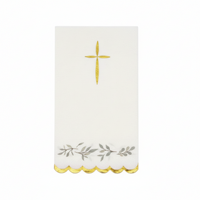 Gold foil cross and eucalyptus foliage luncheon napkin, elegant disposable napkin for baptism, first communion, and religious celebrations