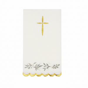 Gold foil cross and eucalyptus foliage luncheon napkin, elegant disposable napkin for baptism, first communion, and religious celebrations