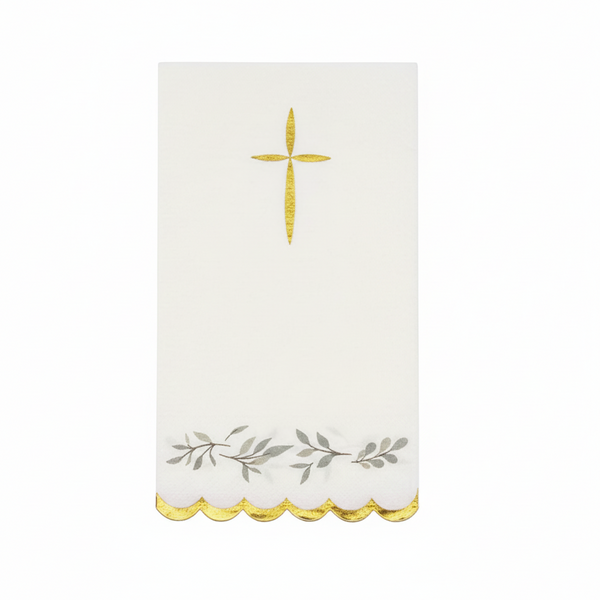 Gold foil cross and eucalyptus foliage luncheon napkin, elegant disposable napkin for baptism, first communion, and religious celebrations