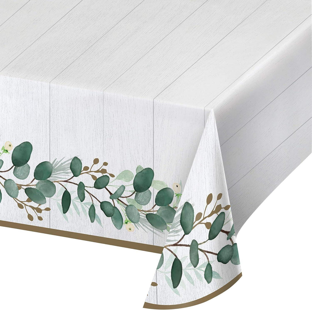 Eucalyptus Paper Tablecloth: Green Foliage & Gold - Disposable Table Cover for Birthday Baptism First Communion