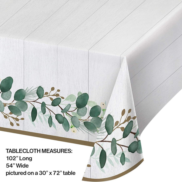 Eucalyptus Paper Tablecloth: Green Foliage & Gold - Disposable Table Cover for Birthday Baptism First Communion