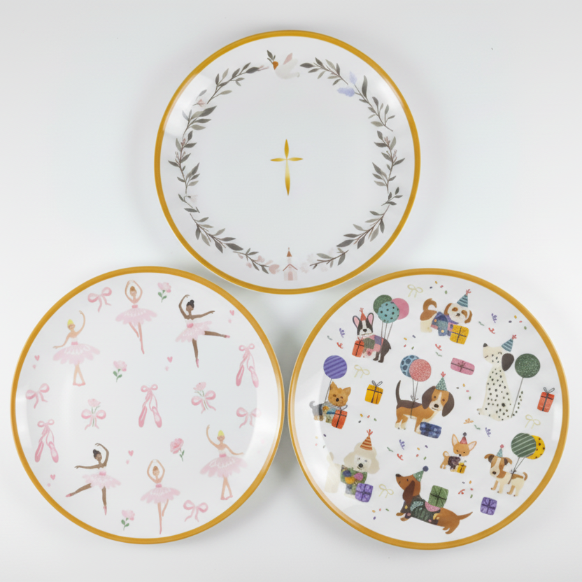 Birthday keepsakes for kids — CHERRYSH Collectable Melamine Plates collection featuring religious, dog, and ballerina themes