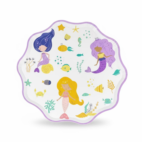 Under the Sea mermaid paper plates with scalloped edges and pastel sea creatures, 8 inch