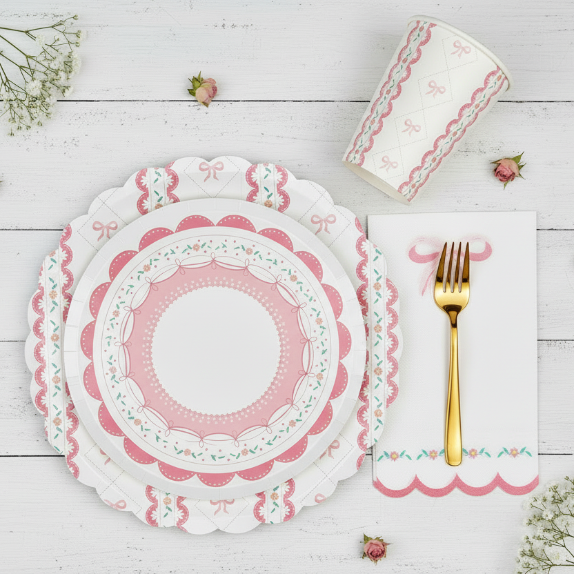 Affordable birthday party ideas with premium Coquette Pink party supplies — elegant pink plates, cups, napkins, and accessories