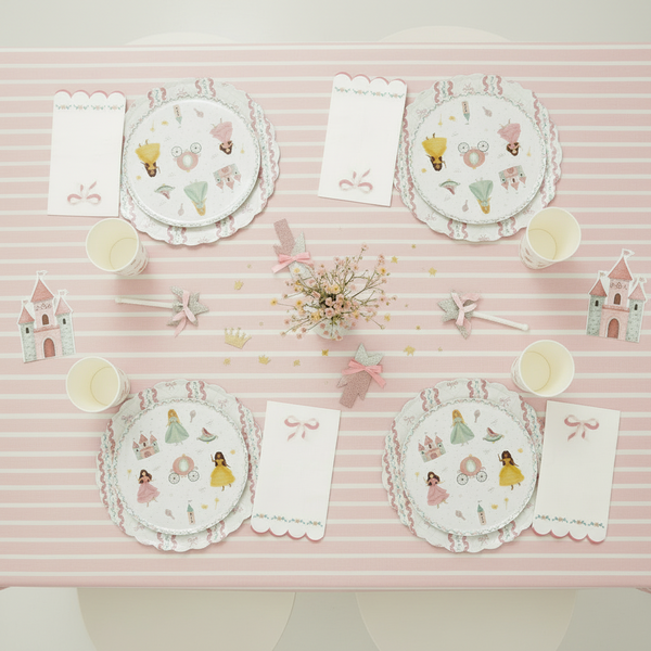 Children's tableware set with princess design on a pink striped background