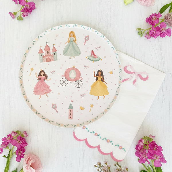 Whimsical princess party plates with pastel castle and carriage design