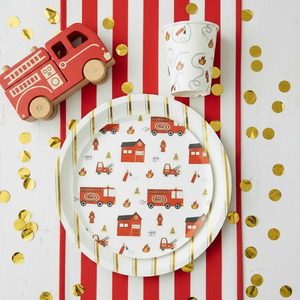 9oz paper cups and 8"plates with firetruck design for kids’ party