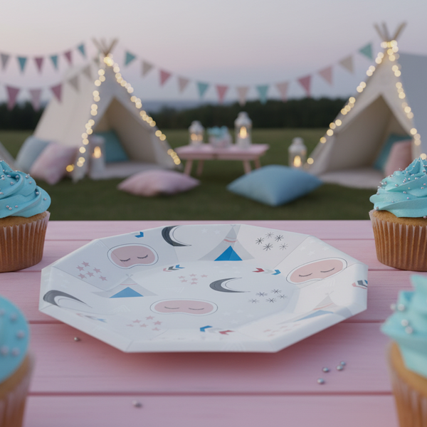 Glamping sleepover party plate single view with tent and star design – Cherrysh Party