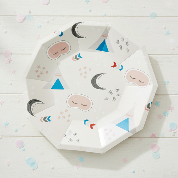 Sleepover slumber party plate closeup showing sleeping mask and moon design – Cherrysh Party