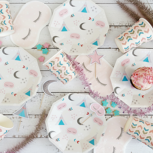 Sleepover party decorations with plates and cups featuring unicorn and moon designs – Cherrysh Party